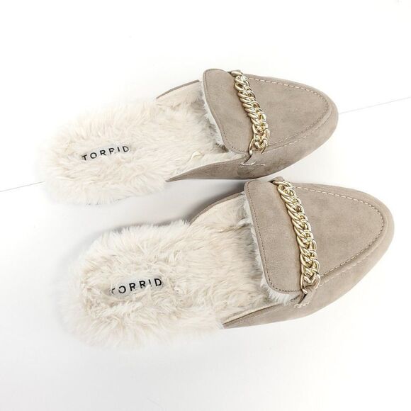 Torrid Faux Fur Slip On Mules Neutral Size 9WW - Picture 6 of 10